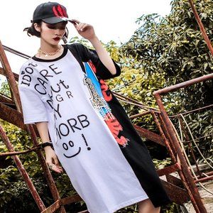 Women's Oversized Long Tee Relaxed Fit Harajuku Dress Streetwear Tee dan-6252